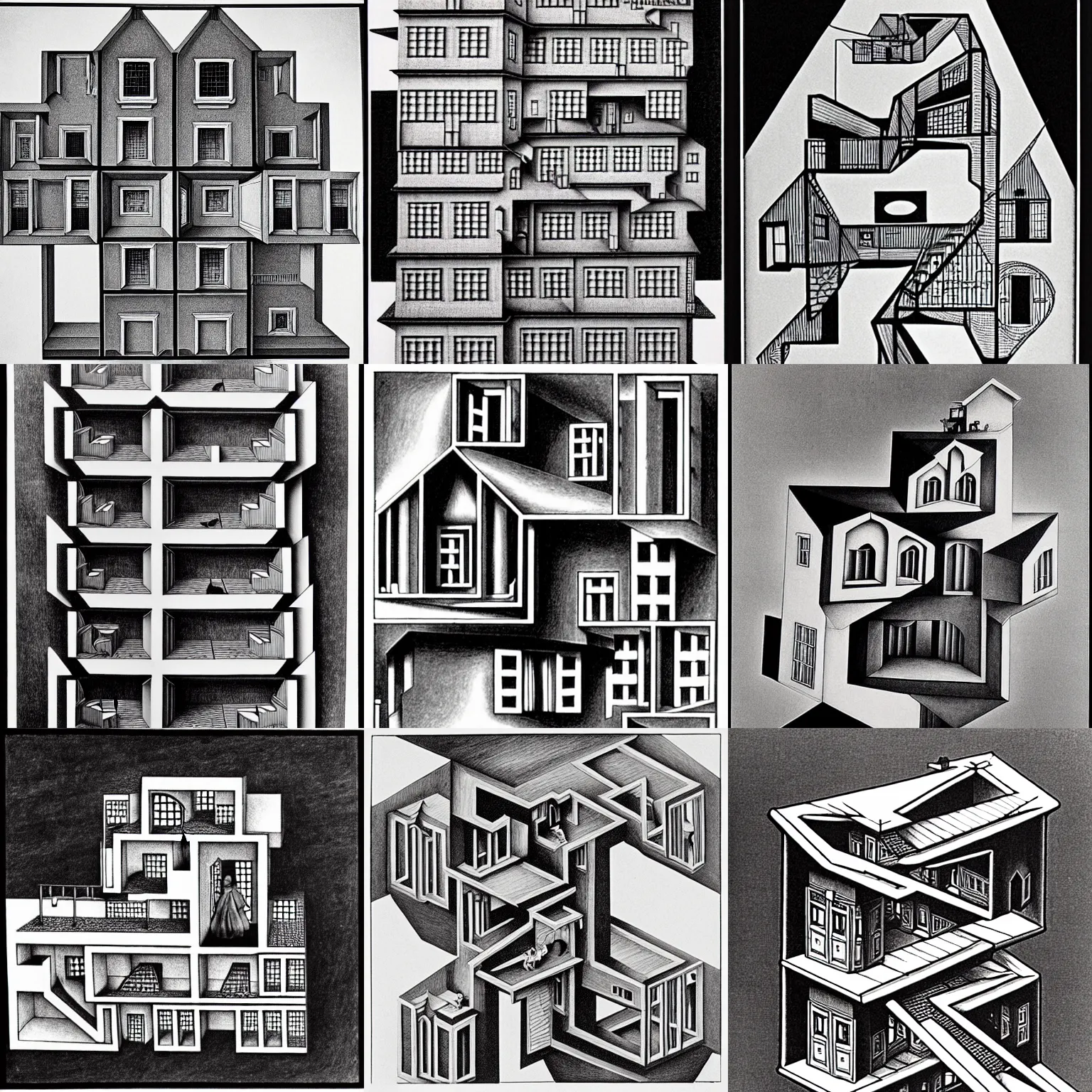 Prompt: impossible house by m. c. escher