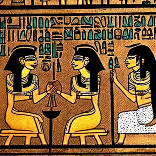 Prompt: ancient egyptian gods sitting in a modern day coffee shop