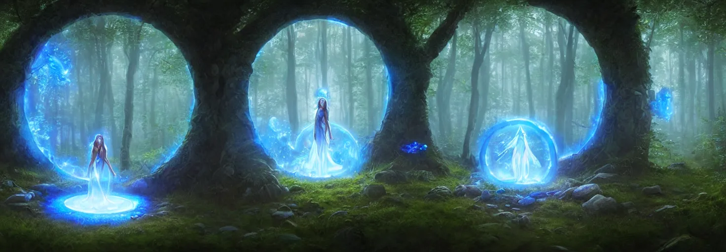 Image similar to Fantasy Magical fairy-tale glowing blue stone portal in the forest. Round stone portal teleport in trees to other worlds. Fantastic landscape. Magic Altar in the fores, highly detailed, digital painting, artstation, concept art, smooth, sharp focus, illustration, art by artgerm and greg rutkowski and alphonse mucha