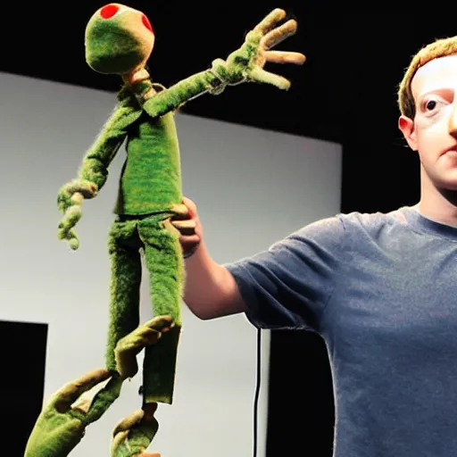 Prompt: Mark Zuckerberg alien puppeteering marionette mark zuckerberg. photograph.