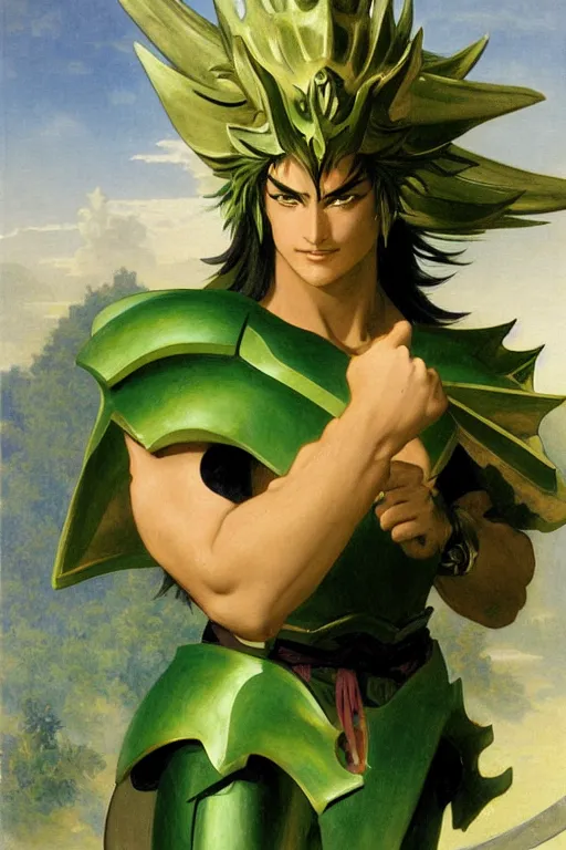 Prompt: Dragon Shiryū from Saint Seiya with his green armor by William Adolphe Bouguereau