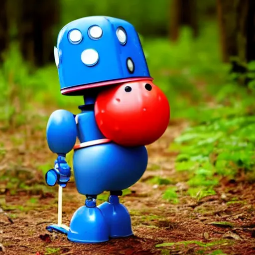 Image similar to cute robot with tomato hat and a walking stick, trekking in a forest, pixar style