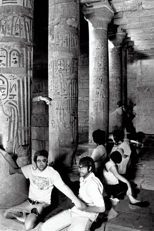 Image similar to magazine article about a videogame arcade in an egyptian temple, photojournalism, 1980s