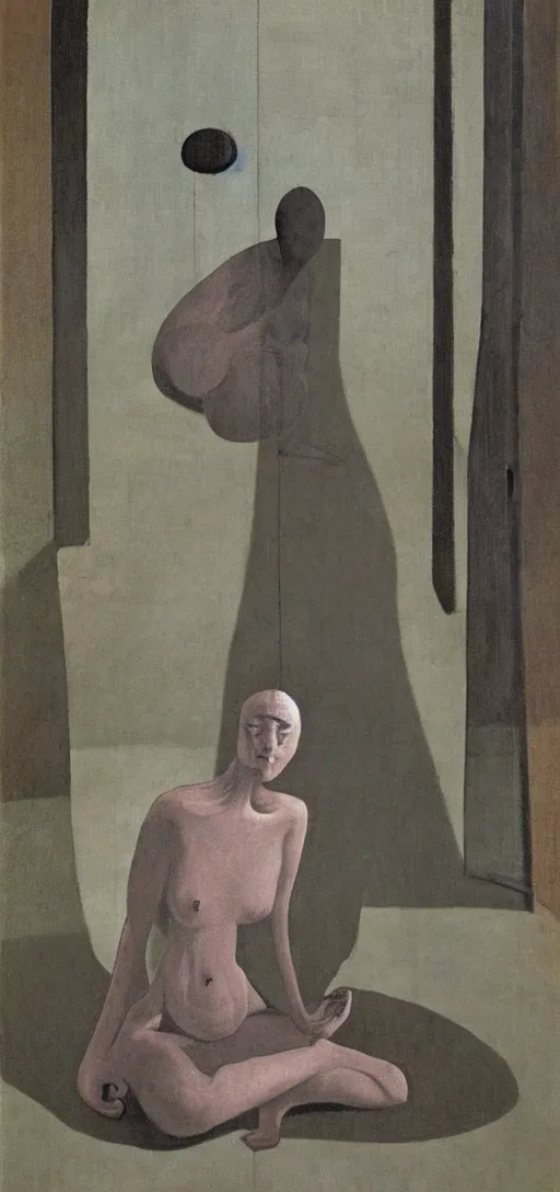 Image similar to meditative faceless woman in a courtyard by francis bacon and dali