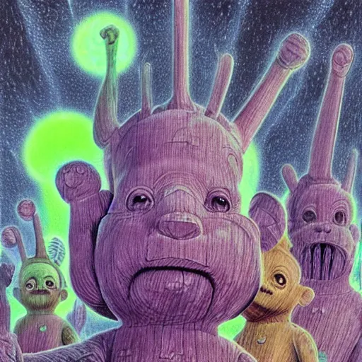 Image similar to detailed realistic illustration of teletubbies, in the style of h r giger and moebius and wayne barlowe