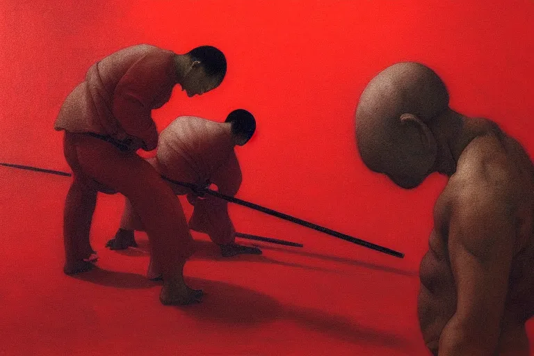 Image similar to only with red, a red samurai do seppuku, tokio, a lot of frogs watch, in the style of beksinski, parts by edward hopper, parts by rodcenko, parts by yue minjun, intricate and epic composition, red by caravaggio, insanely quality, highly detailed, masterpiece, red light, artstation, 4 k