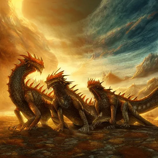 Image similar to family of dragons living in a base on the surface of the sun, digital art, highly detailed, epic composition, wide angle, cinematic lighting