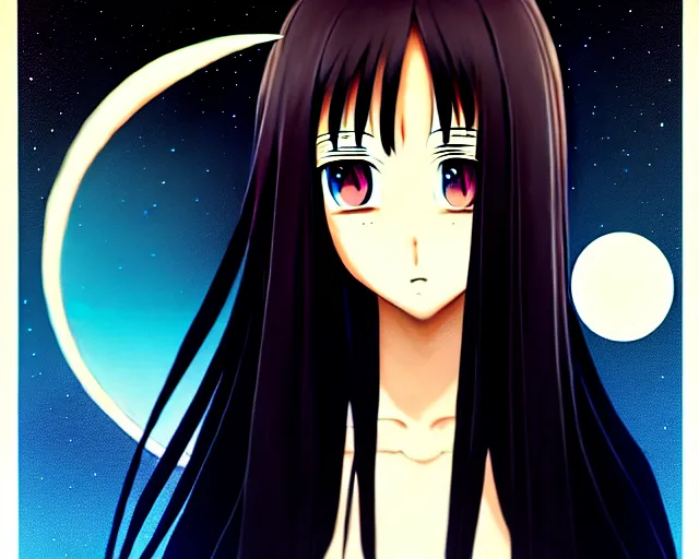 Prompt: portrait of hopeful moon goddess, hazel eyes, jet black hair, beautiful, symmetrical, anime, concept art