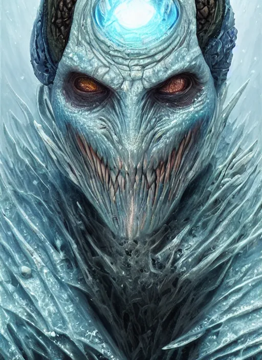 Prompt: frozen snow mf doom reptile eyes, blue frozen skin. intricate, elegant, highly detailed, centered, digital painting, artstation, concept art, smooth, sharp focus, illustration, artgerm, tomasz alen kopera, peter mohrbacher, donato giancola, joseph christian leyendecker, wlop, frank frazetta