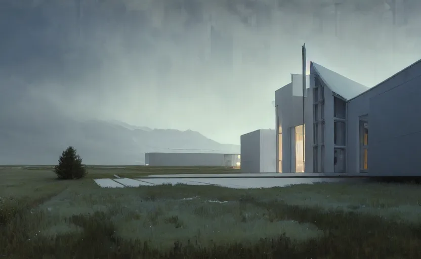 Image similar to painting of a wide angle exterior shot of a white modern architecture with cinematic lighting by peter zumthor and renzo piano, darek zabrocki and greg ruthkowski, alphonse mucha, simon stalenhag and cinematic and blue cold atmospheric, archillect concept art, artstation, trending on artstation