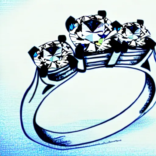 Prompt: sketch of engagement ring with two smaller diamonds outside and one bigger diamond in the middle, hyper detailed