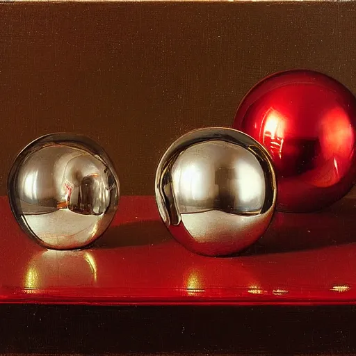 Prompt: chrome spheres on a red cube by willem claesz heda