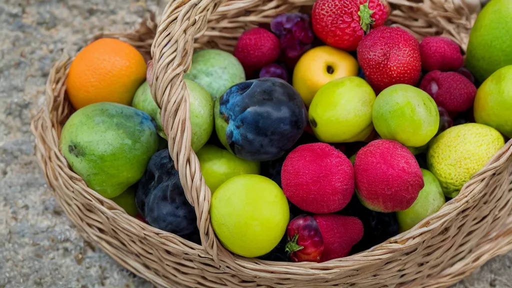 Prompt: a basket of fruites aperture f / 1 4