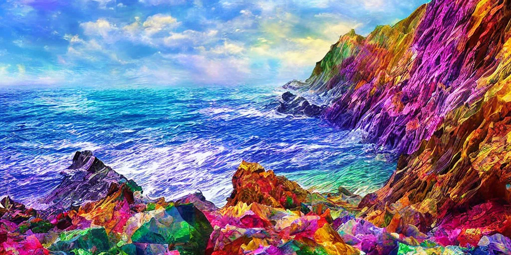 Image similar to glittering multicolored crystal cliffs, viewed from the ocean, high quality digital art,