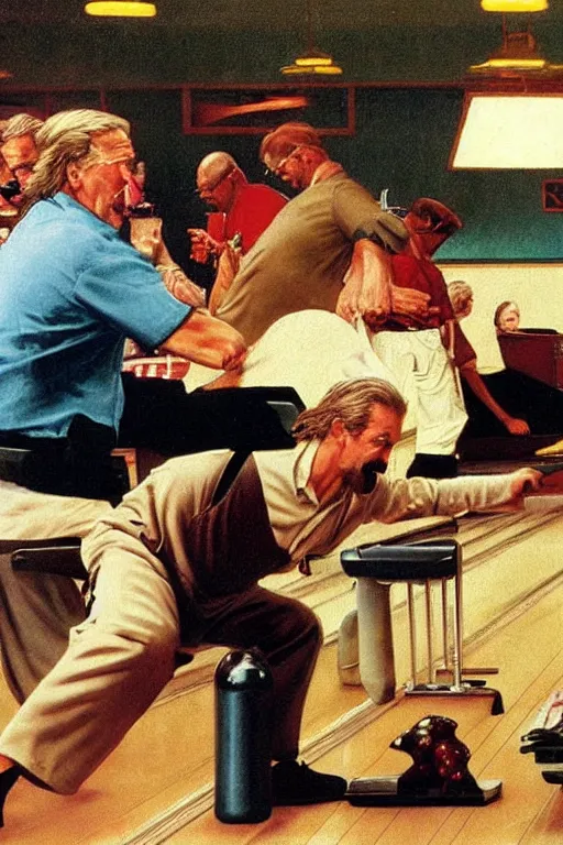 Prompt: The Dude from the movie The big Lebowski playing bowling painted by Norman Rockwell