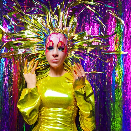 Image similar to jollyfish magazine cover photo, a woman wearing a dress made out of colorful dripping latex and a fancy intricate shiny reflective headdress made out of mirrors, standing in front of a detailed metallic backdrop made out of aluminum foil