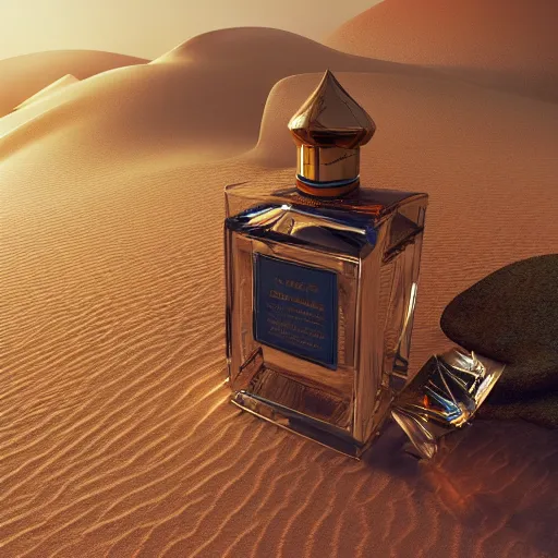 Prompt: breathtaking perfume bottle burried in an oasis in the sahara desert, sunset over dunes, the sun shining on water, rembrandt style, elegant, highly detailed, octane engine, concept art, matte, sharp focus, art by