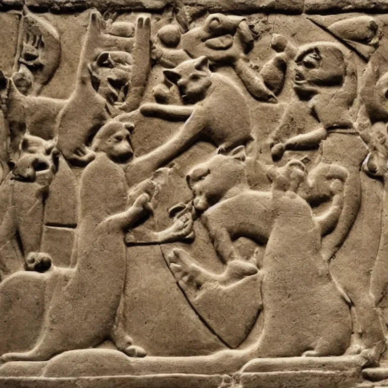 Prompt: ancient stone bas relief depicting people worshipping a shiba inu god