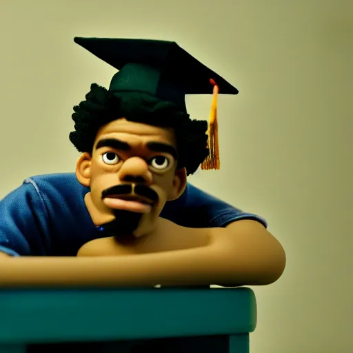 Image similar to a cinematic film still of a claymation stop motion film starring chance the rapper as a college student, shallow depth of field, 8 0 mm, f 1. 8