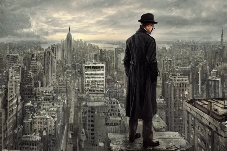 Prompt: stunningly mysterious, detective wearing a trench coat in profile smoking a sherlock holmes pipe on a perch facing the city at night, smooth, focus, highly detailed, hyper realistic, dramatic lighting, intricate, concept art, new york skyline, looking down, art by wlop, greg rutowski, artstation