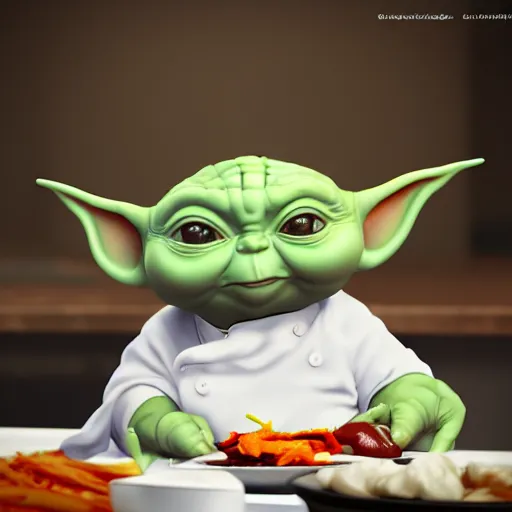 Image similar to hungry chubby babyfat baby yoda as chef wearing white chefs hat and white apron, giving thumbs up next to a plate of food, vegetables, photography, hyperrealism, unreal engine, octane 3 d render, houdini, unity 3 d, highres, adobe premier pro, trending on artstation, trending on deviantart, thisistheway