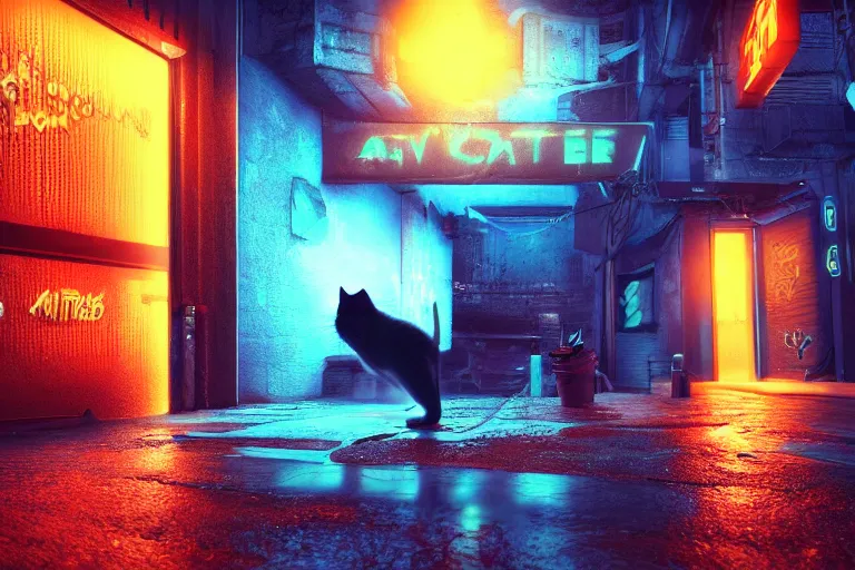 Image similar to ginger cat in the alley, neon lighting, rendered in unreal engine, trending on artstation, cyberpunk, night