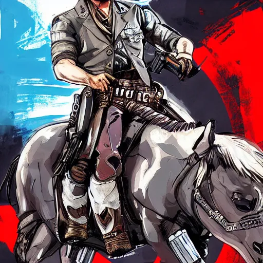 Prompt: a portrait of Arthur Morgan from Red Dead Redemption as a cyborg riding a cyborg horse, art by Yoji Shinkawa