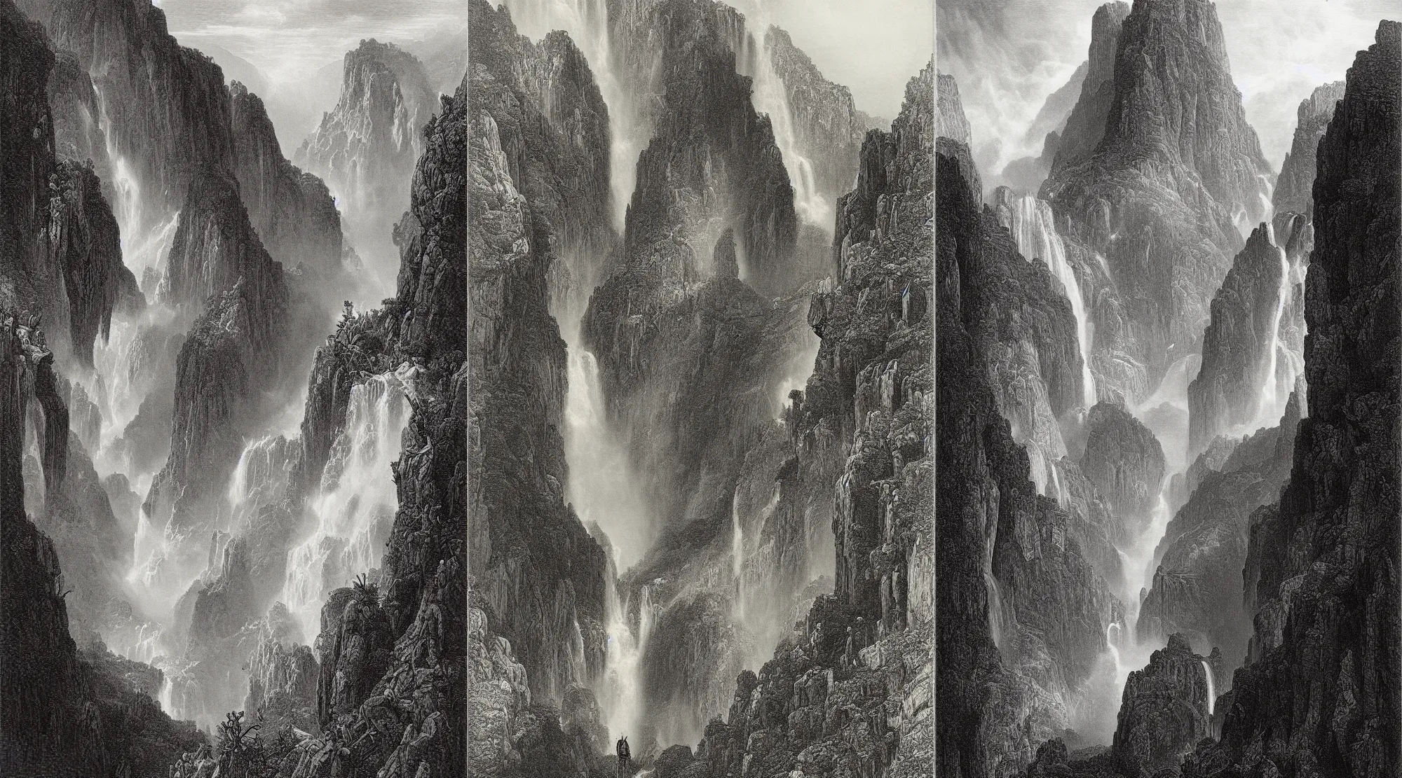 Prompt: an engraving of angel falls, venezuela by gustave dore, highly detailed, lithograph engraving