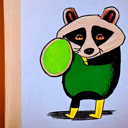 Image similar to children's book style illustration of a grumpy raccoon eating an avocado