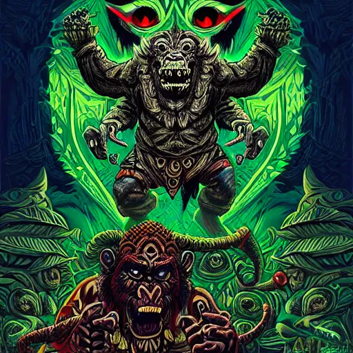 Image similar to barong family member with middle finger up, wiwek, rage, mara demon, one single tribe member, jungle, one single mask, dark, ancient warrior, gorilla, lizard, tribal, inner glow, art by dan mumford and justin gerard