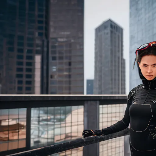 Image similar to photographic portrait of a techwear woman, closeup, on the rooftop of a futuristic city, sigma 85mm f/1.4, 4k, depth of field, high resolution, 4k, 8k, hd, full color