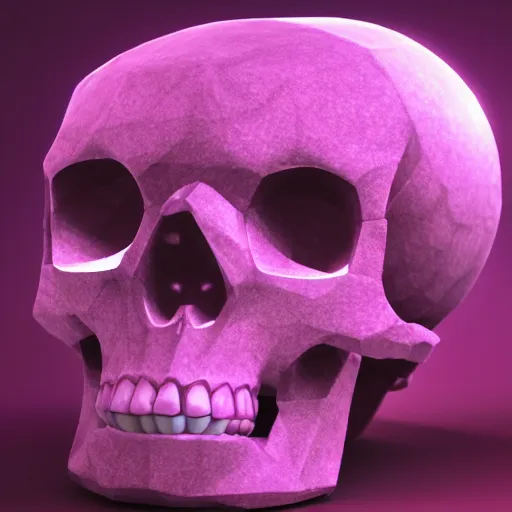 Image similar to octane render of hexagonal crystal skull, fuschia lighting, fuschia glow, dark background, photorealistic, 4 k, cinema 4 d, maya