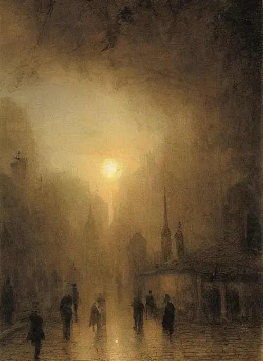 Image similar to 1 9 th century london, shady alleys, pub, thick fog, coherent composition art by caspar david friedrich, thomas lawrence, john martin