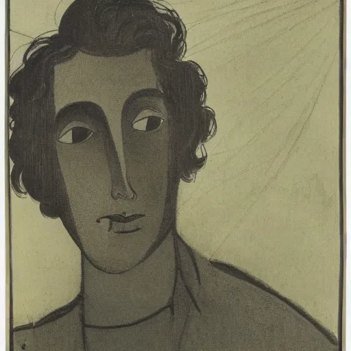 Image similar to A beautiful print of a self-portrait of the artist. He is shown with his head turned to the left, looking at the viewer. His hair is wild and his eyes are wide open. His right hand is raised, as if he is pointing at something. by Lyonel Feininger flowing