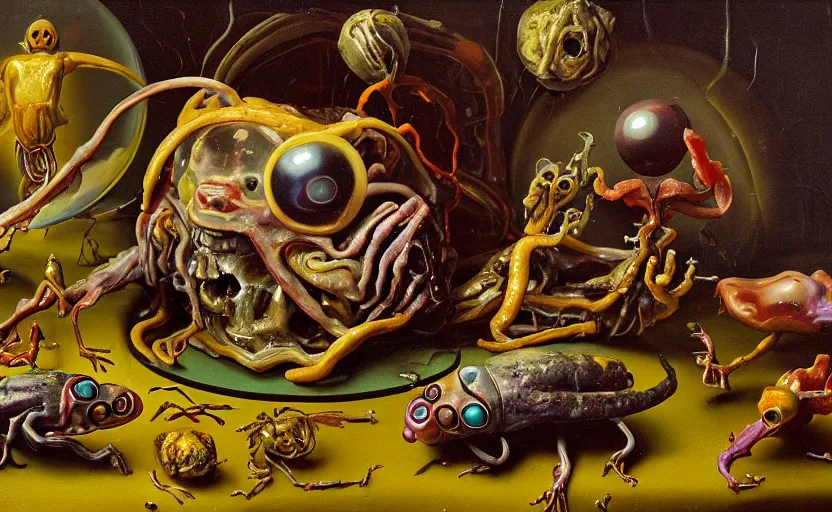 Image similar to terrifying alienbody, lurid colorful oil painting dutch golden age vanitas still life balanced composition with malignant objects strange gooey transparent surfaces shiny metal reflections bizarre mutant meat insects rachel ruysch dali todd schorr very detailed perfect composition rule of thirds masterpiece canon 5 0 mm, cinematic lighting, photography, retro, film, kodachrome