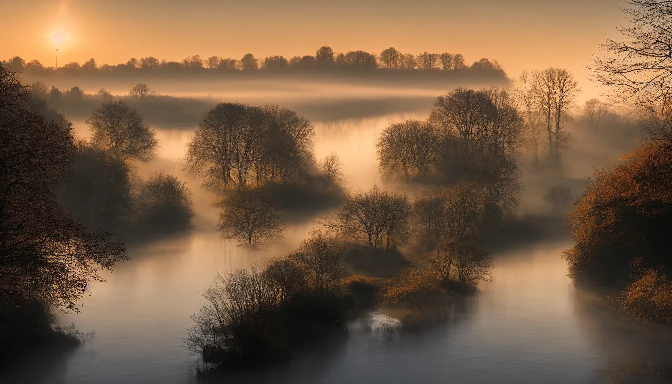 Image similar to A landscape photo taken by Kai Hornung of a river at dawn, misty, early morning sunlight, cold, chilly, rural, English countryside