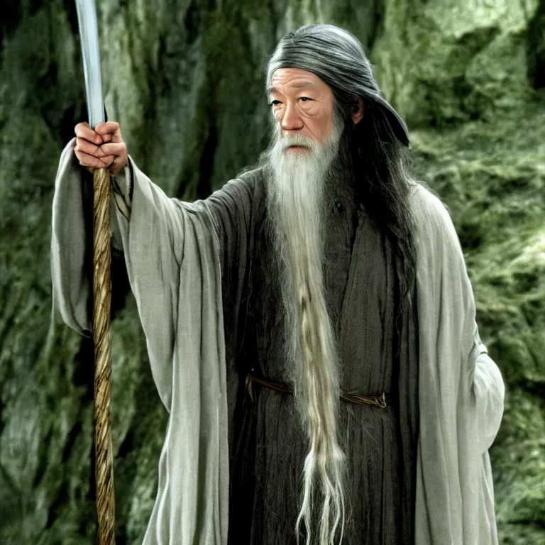 Prompt: film still of Lucy Liu as Gandalf in Lord of the Rings,