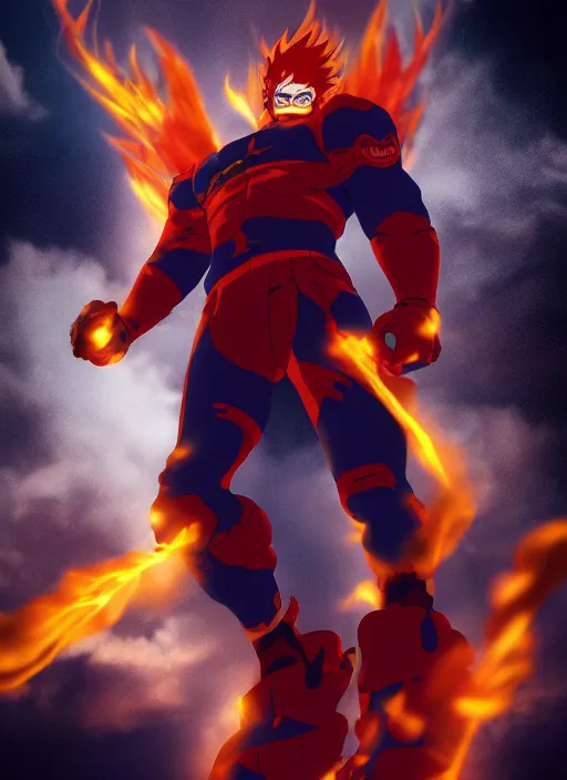 Prompt: Endeavor from my hero academia have flame wings and posing, anime, hyper realism, dark atmosphere, cinematic shot, intricate, ornate, photorealistic, ultra detailed, realistic, 100mm, photography, octane, high definition, depth of field, bokeh, 8k, artstation