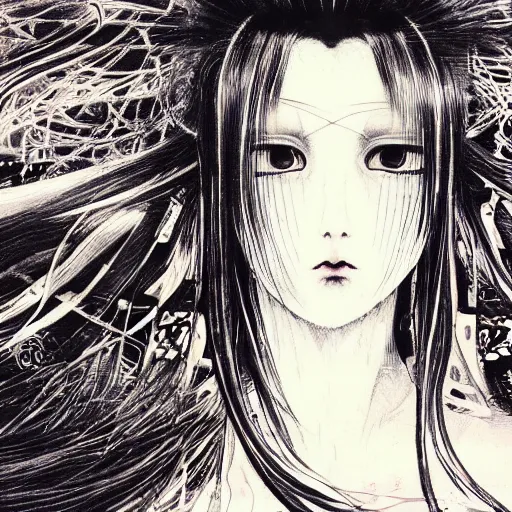 Image similar to yoshitaka amano blurred and dreamy illustration of an anime girl with black eyes, wavy white hair fluttering in the wind wearing elden ring armor and engraving, abstract black and white patterns on the background, noisy film grain effect, highly detailed, renaissance oil painting, weird portrait angle, blurred lost edges, three quarter view