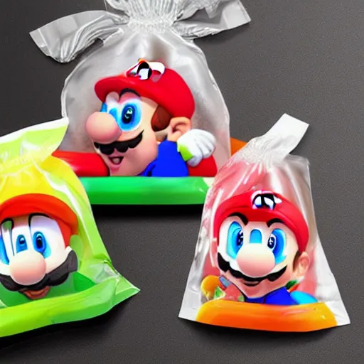 Prompt: Mario Kart Double Dash gummy candy bag. Creative unique sweets product design.