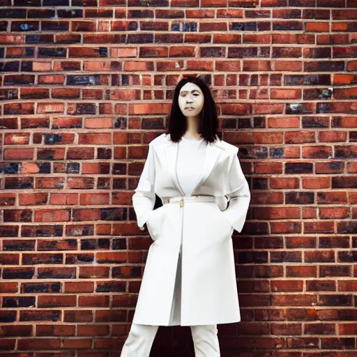 Image similar to un ultra high definition editorial photographic portrait of a female designer standing outside her trendy red brick london home wearing all white. wide angle. three point light. golden hour, golden ratio, ray tracing, volumetric light and shadow, shallow depth of field.