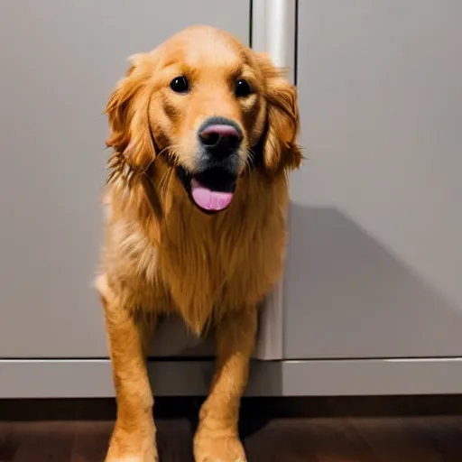 Prompt: A photo of a golden retriever caught standing on his hind legs like a person and making himself a peanut butter and jelly sandwich in the dark kitchen at night.
