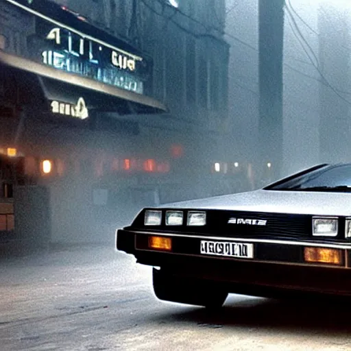 Prompt: delorean time machine, Still from Blade Runner (1982)