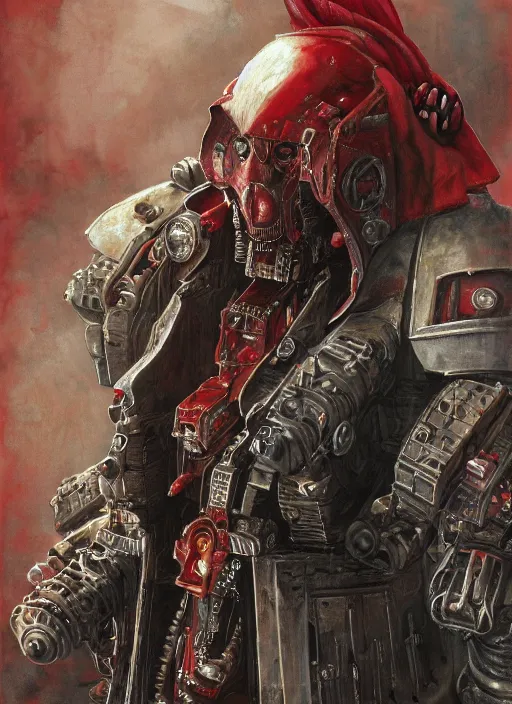 Image similar to portrait of rotten Nicolas Cage as adeptus mechanicus in red hood and robe from Warhammer 40000. Highly detailed, artstation, illustration by and John Blanche and zdislav beksinski and wayne barlowe