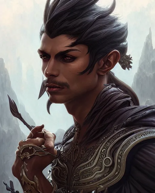 Prompt: a male dark elf pirate, fantasy character portrait, ultra realistic, intricate, elegant, highly detailed, digital painting, artstaion, smooth, sharp, focus, illustration, art by artgerm and greg rutkowski and alphonse mucha