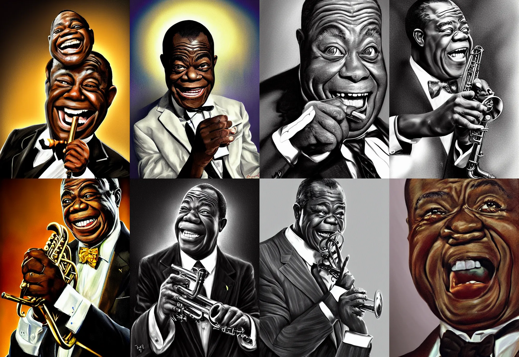 Prompt: a portrait of louis armstrong telling a joke, by tai - shan schierenberg, dramatic lighting, highly detailed digital painting