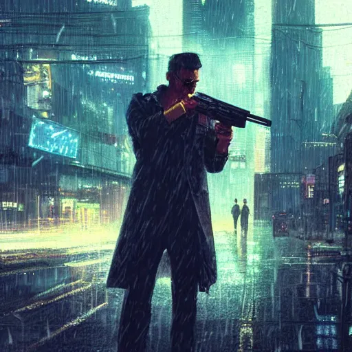 Prompt: a man holding a gun in a cyberpunk city the background is the cyberpunk city and it's raining close - up shot by greg rutkowski