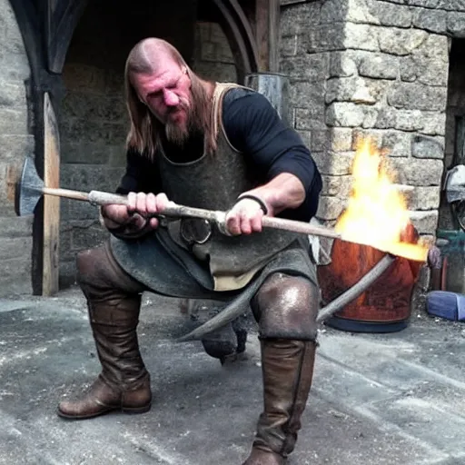 Prompt: triple h as blacksmith, medieval scene, creating his hammer!!!