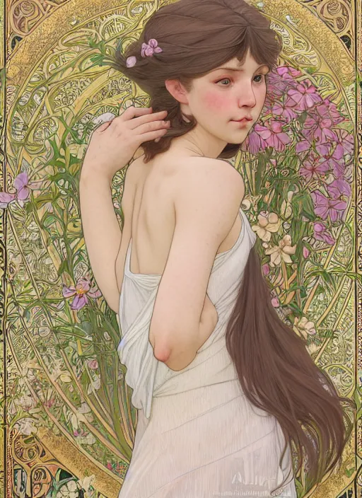 Image similar to pretty young man with shoulder length blond hair, half body shot, emotional, decorative flower patterned background, path traced, highly detailed, high quality, digital painting, by studio ghibli and alphonse mucha, leesha hannigan, hidari, disney, jules bastien - lepage, art nouveau, martine johanna, android jones, andreas rocha