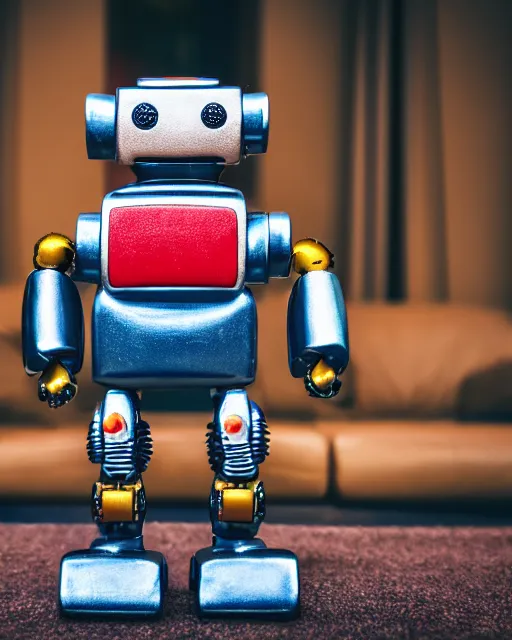 Image similar to high quality presentation photo of a retro toy robot, photography 4k, f1.8 anamorphic, bokeh, 4k, Canon, Nikon